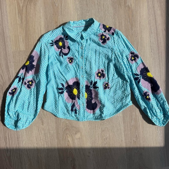 NWT Maeve/Anthropologie Blue + White Striped Button Down with Flower Embroidery - Picture 1 of 8